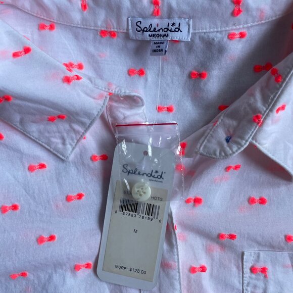 Splendid Button-Down Shirt with Neon Pink Bow Detail - Picture 2 of 6